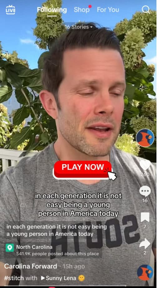 A man with closed eyes is speaking in a video on a social media platform. He wears a gray shirt with Tacos written on it. Text on the image reads, for Generation Z, it is not easy being a young person in America today.