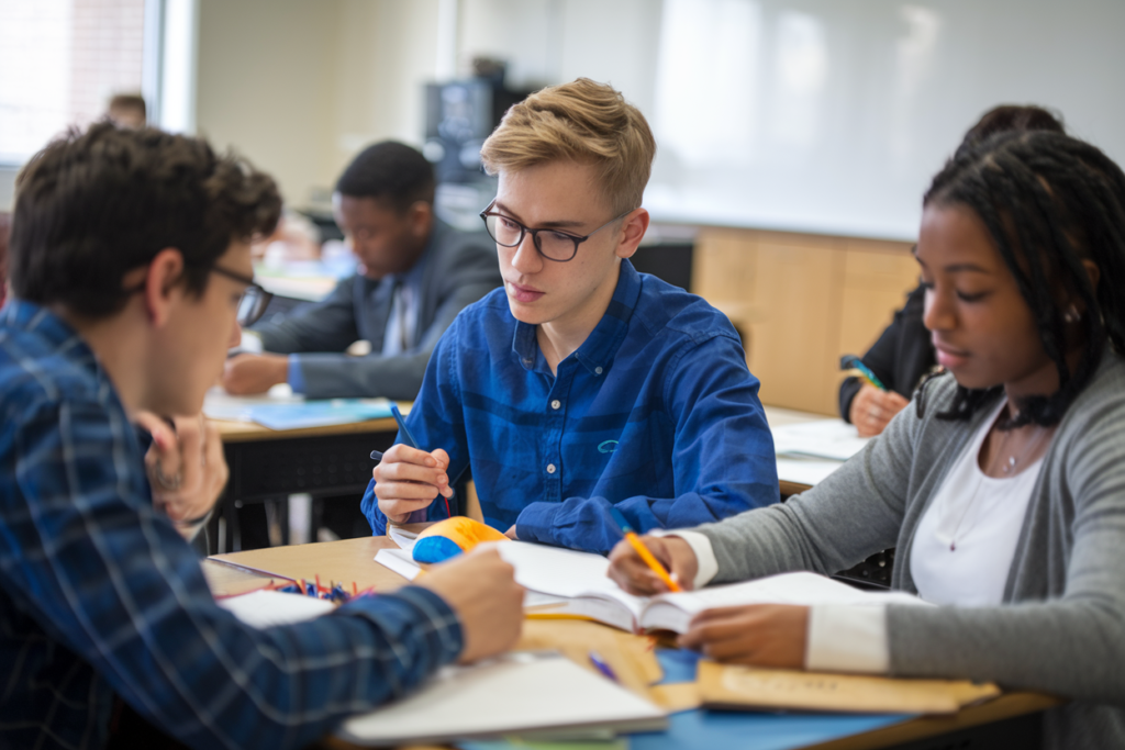 A group of students sits at a classroom table, immersed in a student-centered activity. They are writing and discussing, with notebooks and pencils scattered around. The background reveals other engaged learners and a whiteboard, emphasizing the collaborative learning environment.