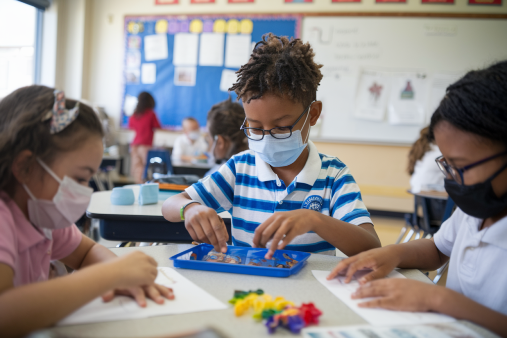 In a student centered activity, three children wearing masks collaborate at a classroom table. One child is intrigued by a blue container and its contents, while the others sketch on paper. In the background, a bulletin board and whiteboard add to the educational ambiance.