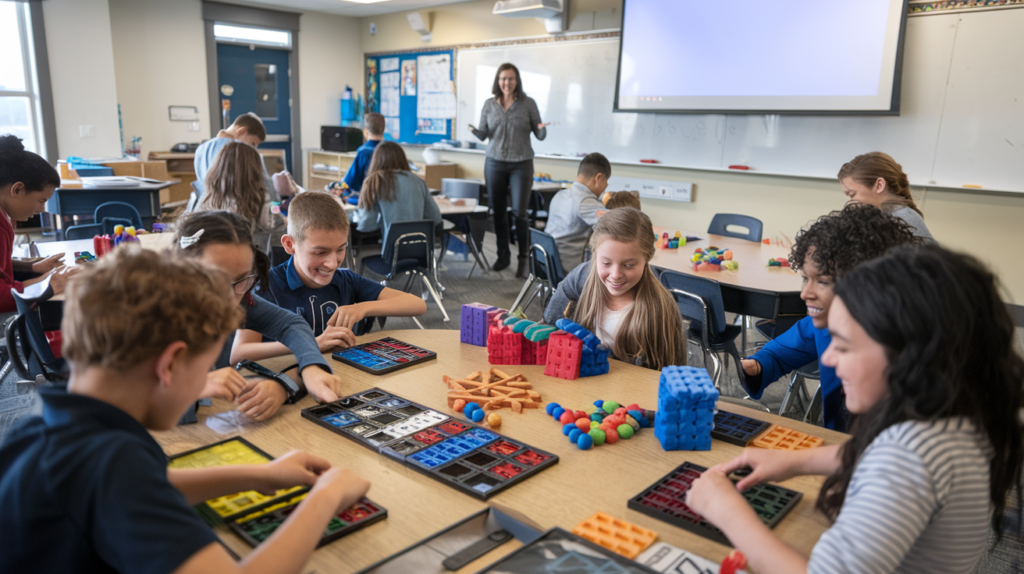 Children in a classroom are discovering how to make math fun by engaging in hands-on activities with colorful educational toys and games. A teacher stands in the background, smiling as students explore, while the room features a whiteboard and a digital screen for interactive learning.