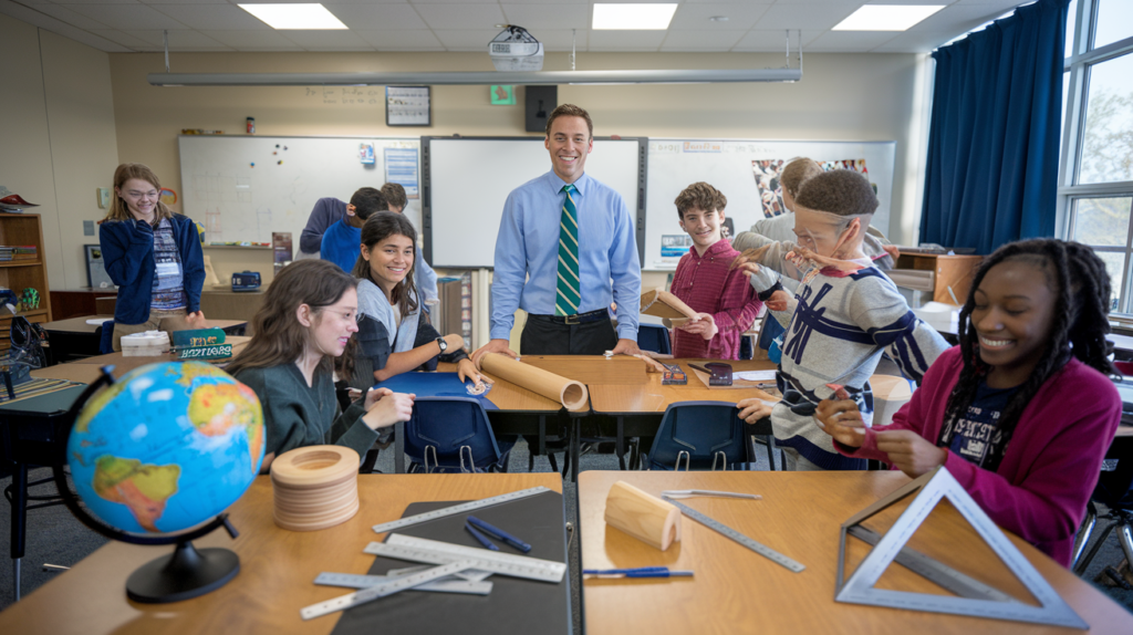 A teacher stands smiling in the center of a classroom, surrounded by enthusiastic students who are discovering how to make math fun through hands-on geometry activities. The room has desks, a globe, and various math tools, creating a lively and educational atmosphere.