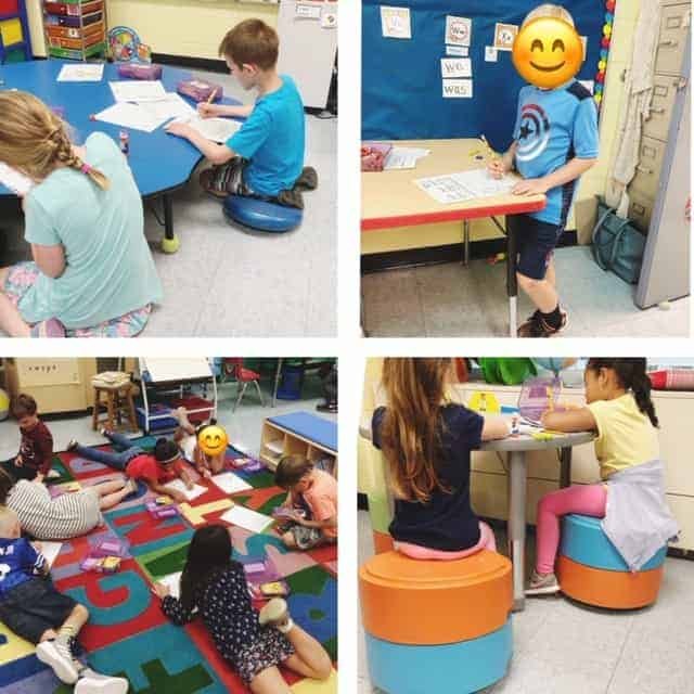 4 photos of children in different parts of the classroom participating in activites