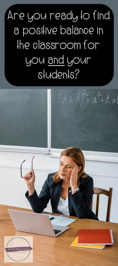 A teacher sits at a desk in front of a laptop, holding her glasses and rubbing her forehead. A chalkboard is in the background. The text above reads, "Discover the benefits of student-centered learning and find a positive balance in the classroom for you and your students.