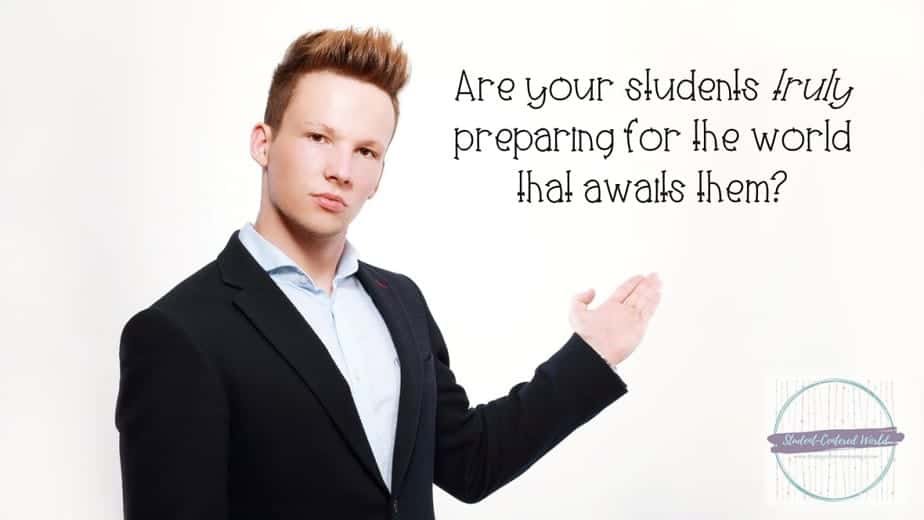 A person in a black suit points to text reading, Are your students truly preparing for the world that awaits them? Discover the benefits of student-centered learning. A logo in the bottom right corner reads Student-Centered World.