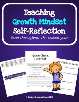 A cover image for a resource titled Teaching Growth Mindset Self-Reflection highlights the key elements of nurturing a teaching growth mindset. Featuring sample worksheets, including a Grade Check Contract and a Marking Period Survey, with a cartoon character pointing to the documents.