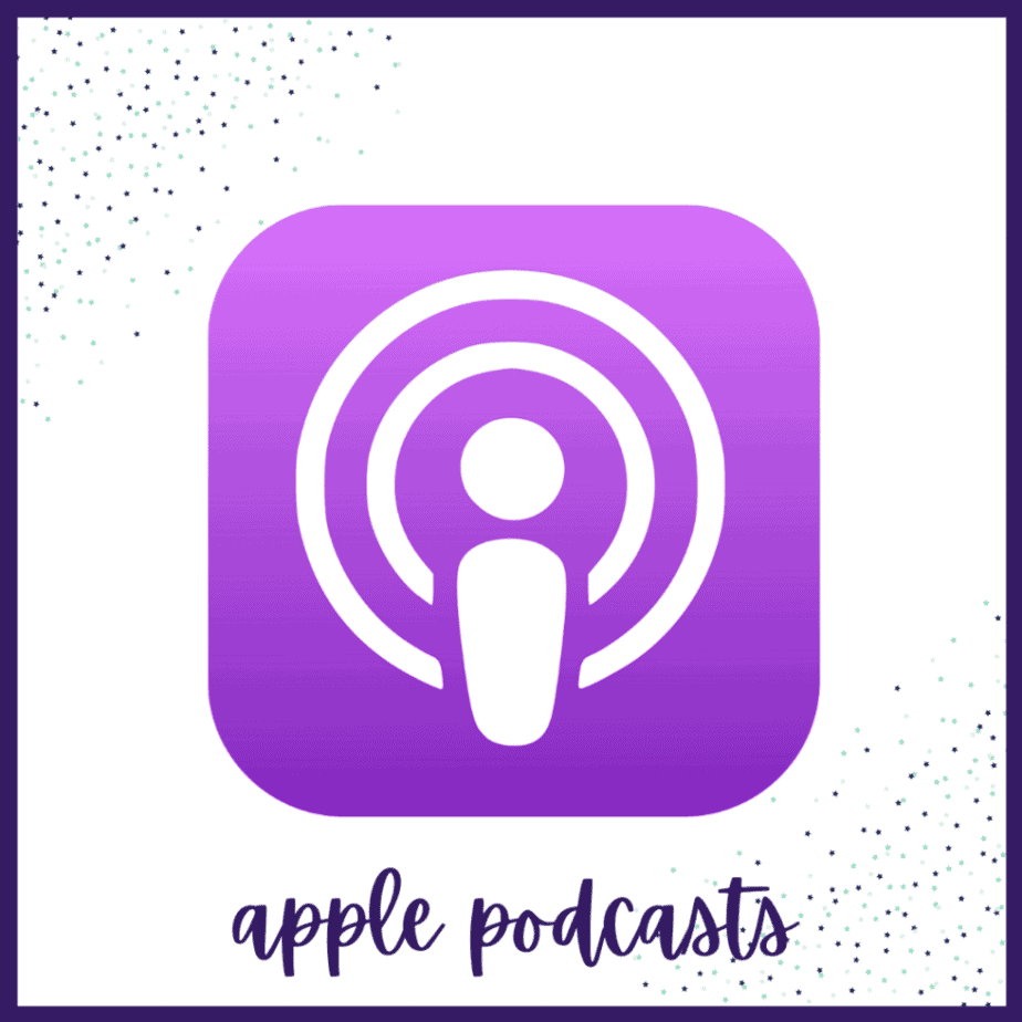 A square graphic features the purple Apple Podcasts logo, which consists of a stylized microphone icon inside concentric circles. Below, the text apple podcasts is written in a cursive font. The corners have scattered dot patterns.