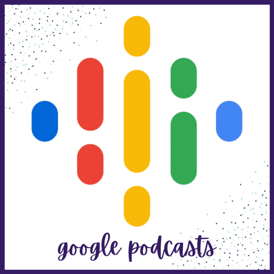 Colorful abstract Google Podcasts logo with blue, red, yellow, and green elements on a white background. Text below reads google podcasts in lowercase purple script, with sprinkled dots on the left edge.