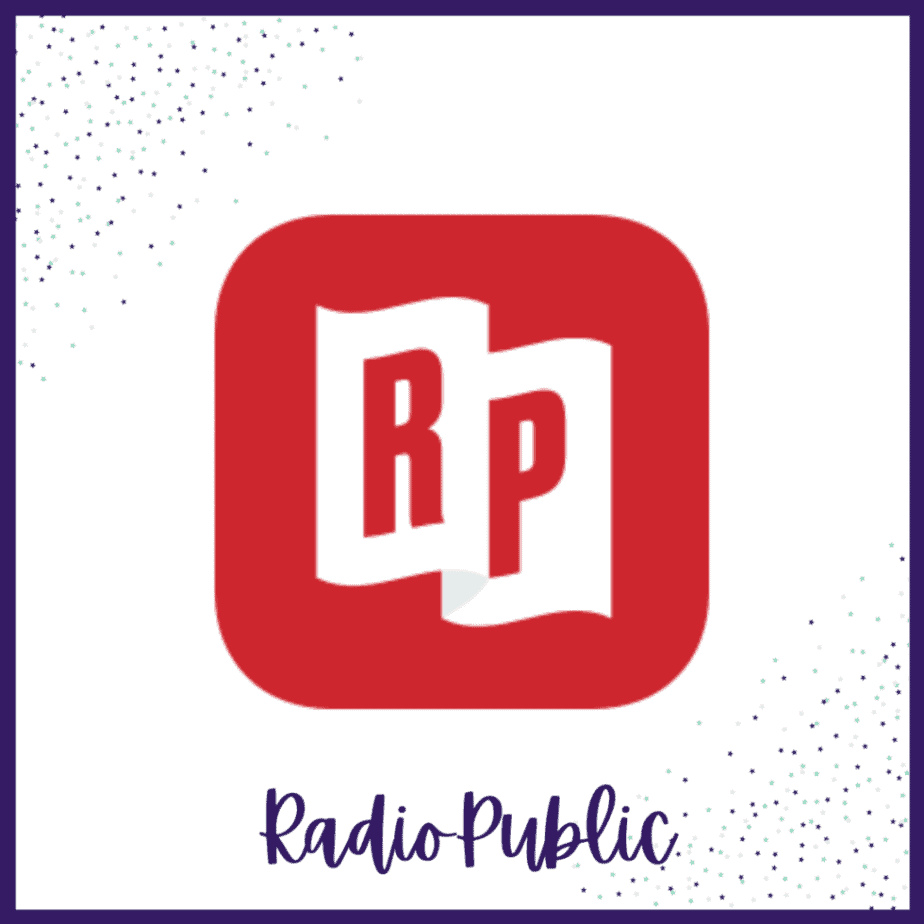 Logo of RadioPublic featuring a red square with the white letters RP stylized to resemble two folded pages. The background is white with scattered dots around the edges and Radio Public written at the bottom.