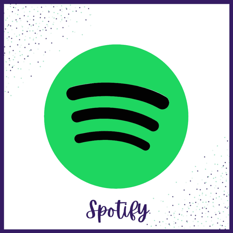 A graphic featuring the Spotify logo—a green circle with three curved black lines—centered in an image. Spotify is written at the bottom in cursive. The border is decorated with small dots.