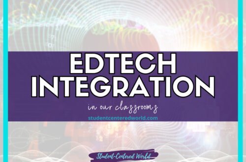 Text reads EdTech Integration and Classroom Technology in our classrooms. Background includes digital and technology-related design elements with studentcenteredworld.com and Student-Centered World visible.