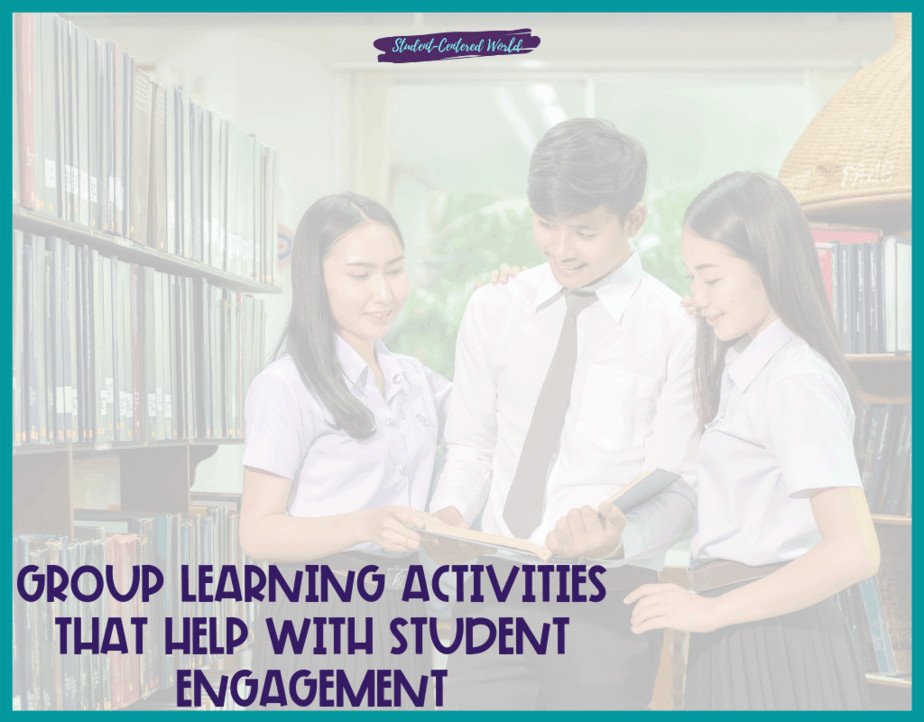 Three students in school uniforms are intently gathered around a book in the library, embodying group learning activities. The image is overlaid with the text: Group Learning Activities That Help with Student Engagement.