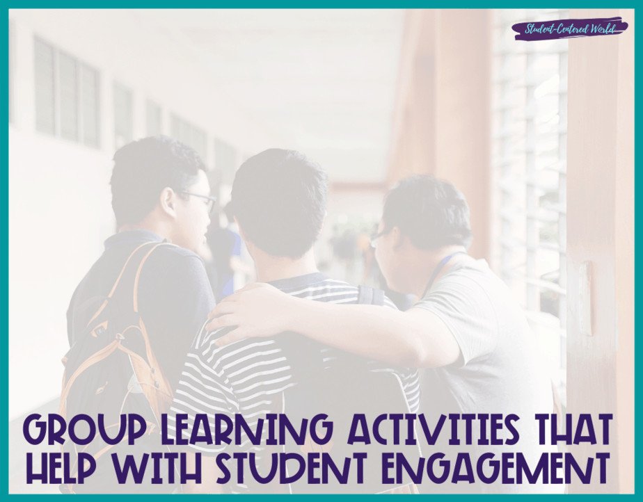 Three people stand together in a hallway, engaged in conversation. The text overlay reads, "Group Learning Activities That Enhance Student Engagement.