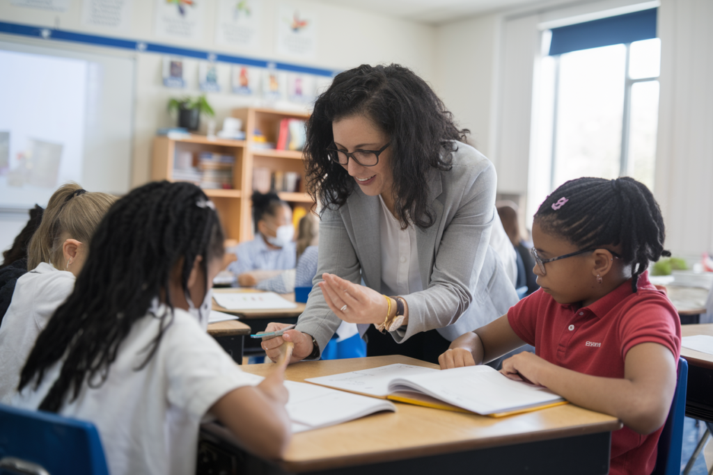 A teacher with curly hair and glasses exemplifies student-centered learning as they assist two focused students at a desk. Notebooks and pencils scattered, the classrooms bright, inviting atmosphere fosters an engaging educational experience.