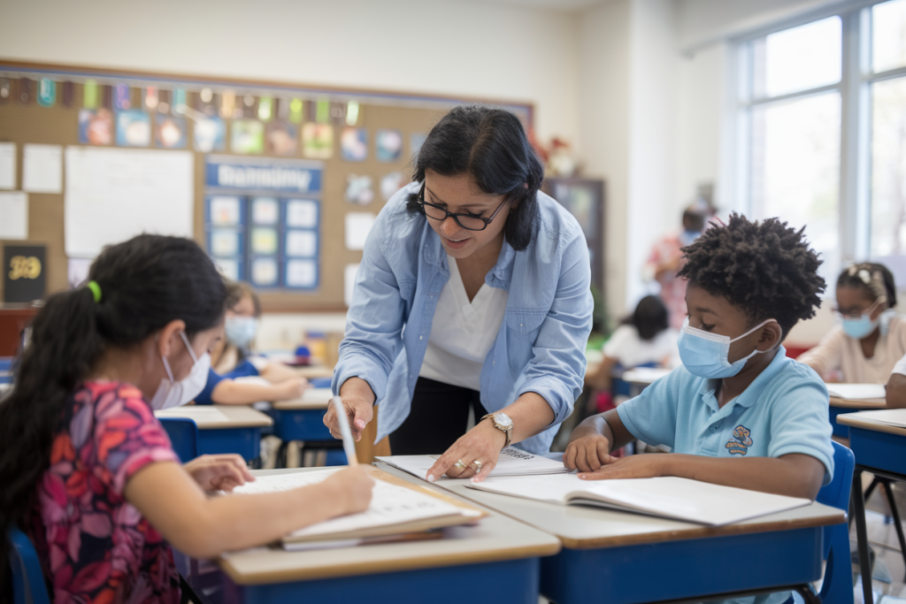 A teacher in glasses exemplifies student-centered learning, assisting a girl in a pink floral shirt and a boy in a light blue shirt at their desk. Both are masked and focused on writing in their notebooks, while classmates engage actively in the background.