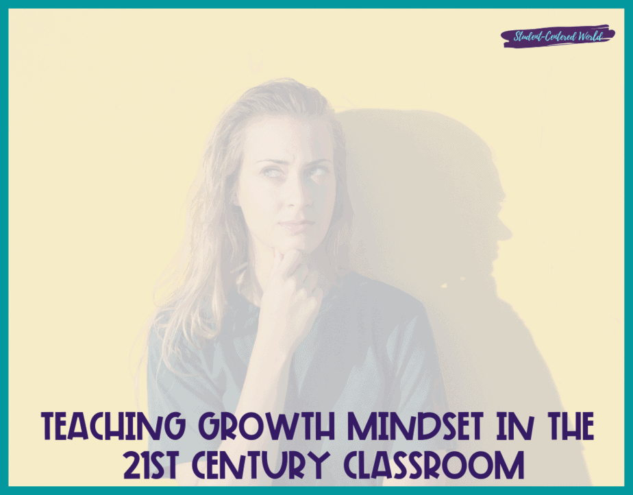 A thoughtful person stands against a yellow background, casting a shadow. Text at the bottom reads: Leading the Way in Teaching Growth Mindset for the 21st Century Classroom.