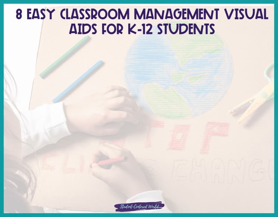 Child coloring on paper with markers and scissors nearby, illustrating one of the 8 easy classroom management visual aids for K-12 students.