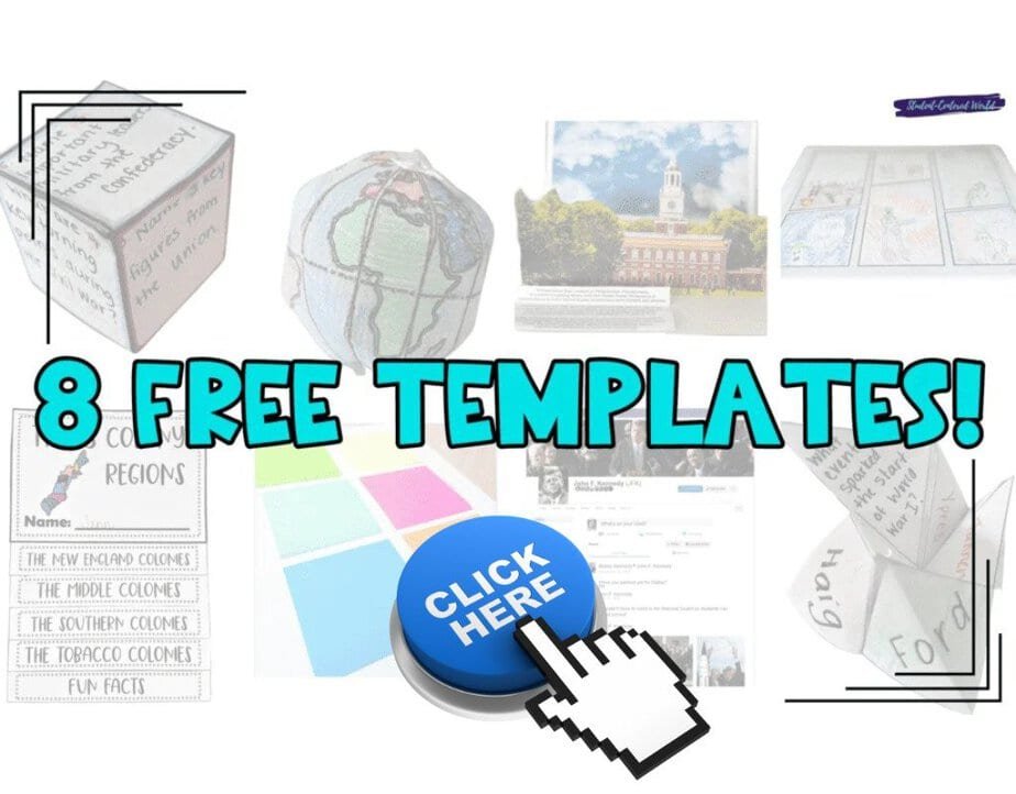 The image showcases a vibrant collage of educational templates, including 3D shapes and colorful charts reminiscent of renaissance art's intricate designs. Overlaid text reads 8 FREE TEMPLATES! accompanied by a blue button labeled CLICK HERE with a pointing hand cursor.