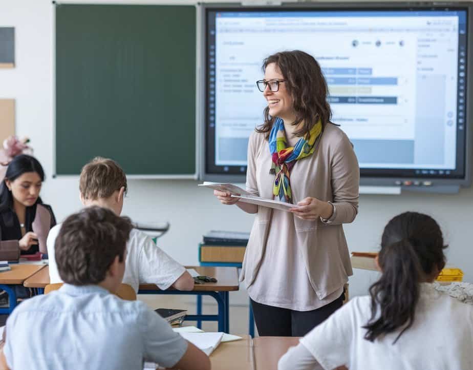 A teacher with glasses stands smiling at the front of a classroom, holding papers. Behind her, a digital screen enhances her classroom management strategies. Students seated at desks focus on their work. The atmosphere is engaging and educational.