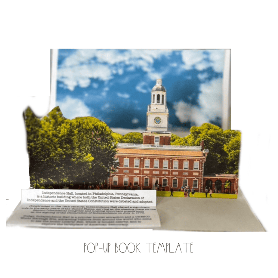 Pop-up book template depicting Independence Hall with surrounding trees. Text below provides historical information about the location.