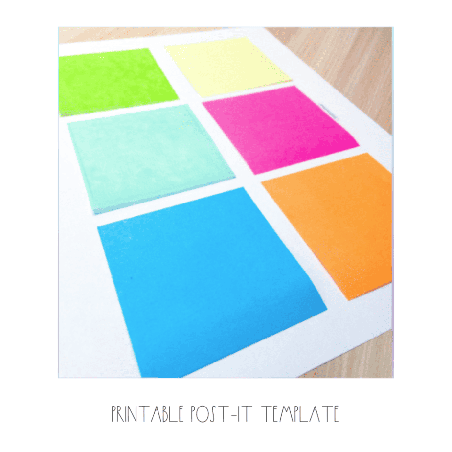 A printable template features six colorful post-it notes arranged in two rows on a piece of paper, displayed on a wooden surface. The notes are green, yellow, pink, blue, aqua, and orange. The text below reads Printable Post-It Template.