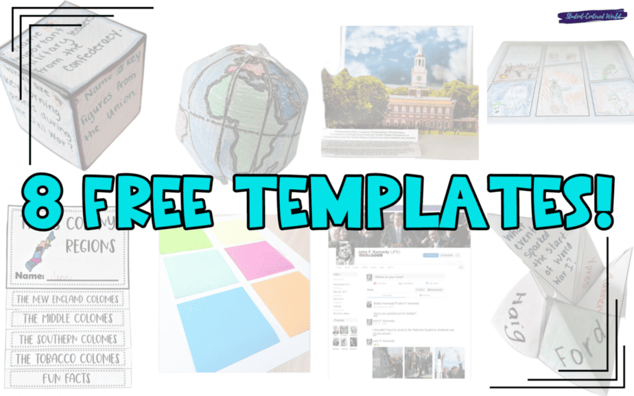 Image showing various educational templates including a globe craft, coloring pages, and information sheets. Large text in the center reads, 8 Free Templates! with a mix of images and crafts around it.