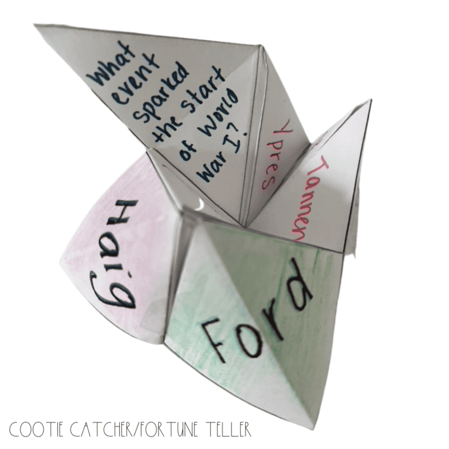 A paper cootie catcher or fortune teller with handwritten words: What event sparked the start of World War I?, Ypres, Haig, Ford, and Tannen. The words are written in different colors on its sections.