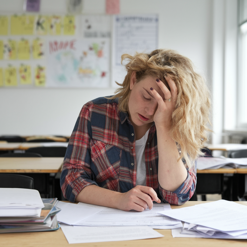 A person with long curly hair, wearing a plaid shirt, sits at a desk with scattered papers, resting their head on their hand, embodying the need for teacher self-care. The background shows classroom walls adorned with colorful posters.