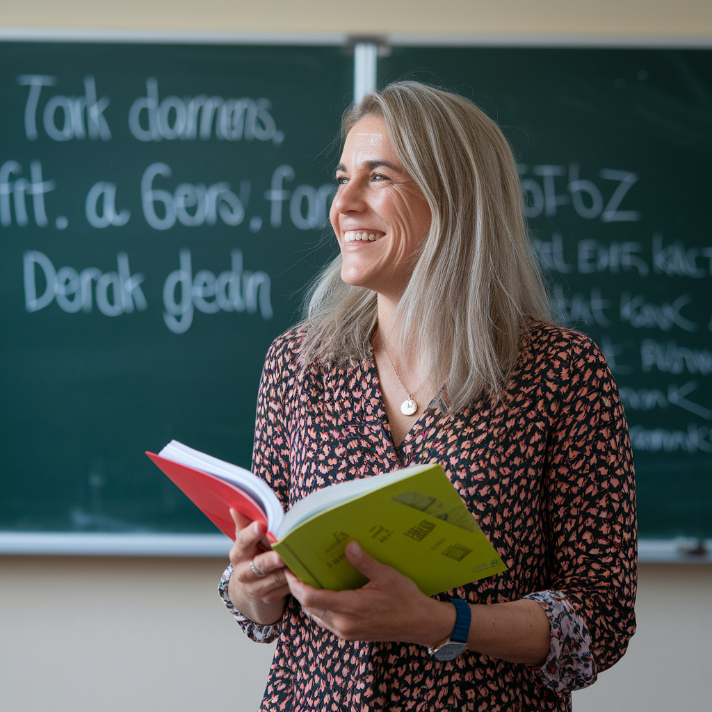 Smiling teacher with long blonde hair holds a red and green book in a classroom with chalkboards. Dressed in a patterned blouse, she embodies self-care, standing confidently in front of writing on the board.