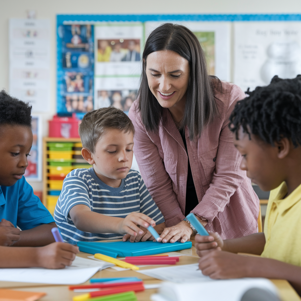 A teacher, mindful of self-care, leans over a table, helping three engaged students with their classwork. The kids are absorbed in tasks amid colorful markers and papers, while vibrant classroom decorations create an inspiring backdrop.