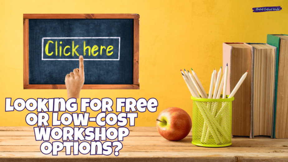 chalkboard and teacher desk: Looking for Free or Low-Cost teacher Workshop options? Click Here