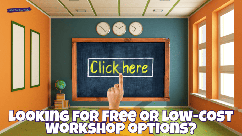 classroom with large chalkboard: students raising hands: Looking for Free or Low-Cost teacher Workshop options? Click Here