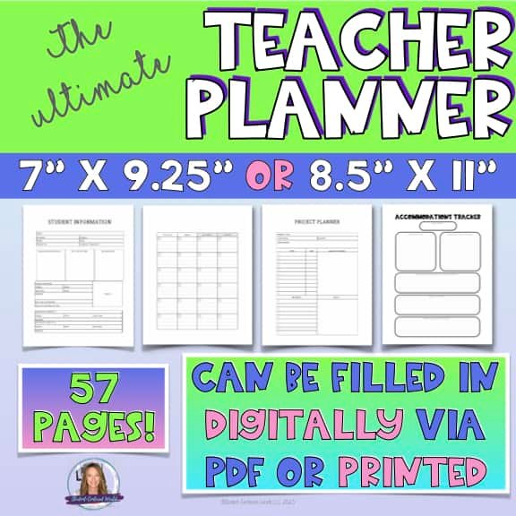 The ultimate teacher planner; 57 pages; can be filled in digitally via pdf or printed