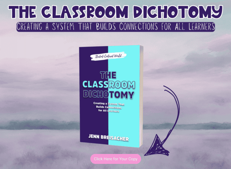 Cover of The Classroom Dichotomy by Jenn Breisacher, featuring a blue and purple design. A pink button below invites users to Click Here for Your Copy. The background is a soft, cloudy sky.