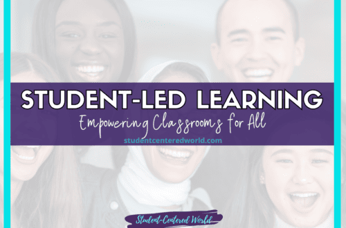 A diverse group of smiling people in the background with a foreground banner that reads Student-Led Learning: Empowering Classrooms for All. A website URL, studentcenteredworld.com, is at the bottom.