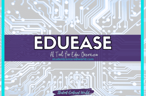 Graphic with a circuit board pattern in the background. Centered text reads EDUEASE, seamlessly blending technology and learning, with the tagline AI Tool for Edu Overview. A border adorns the top and bottom, while studentcenteredworld.com is tastefully displayed below the main title.