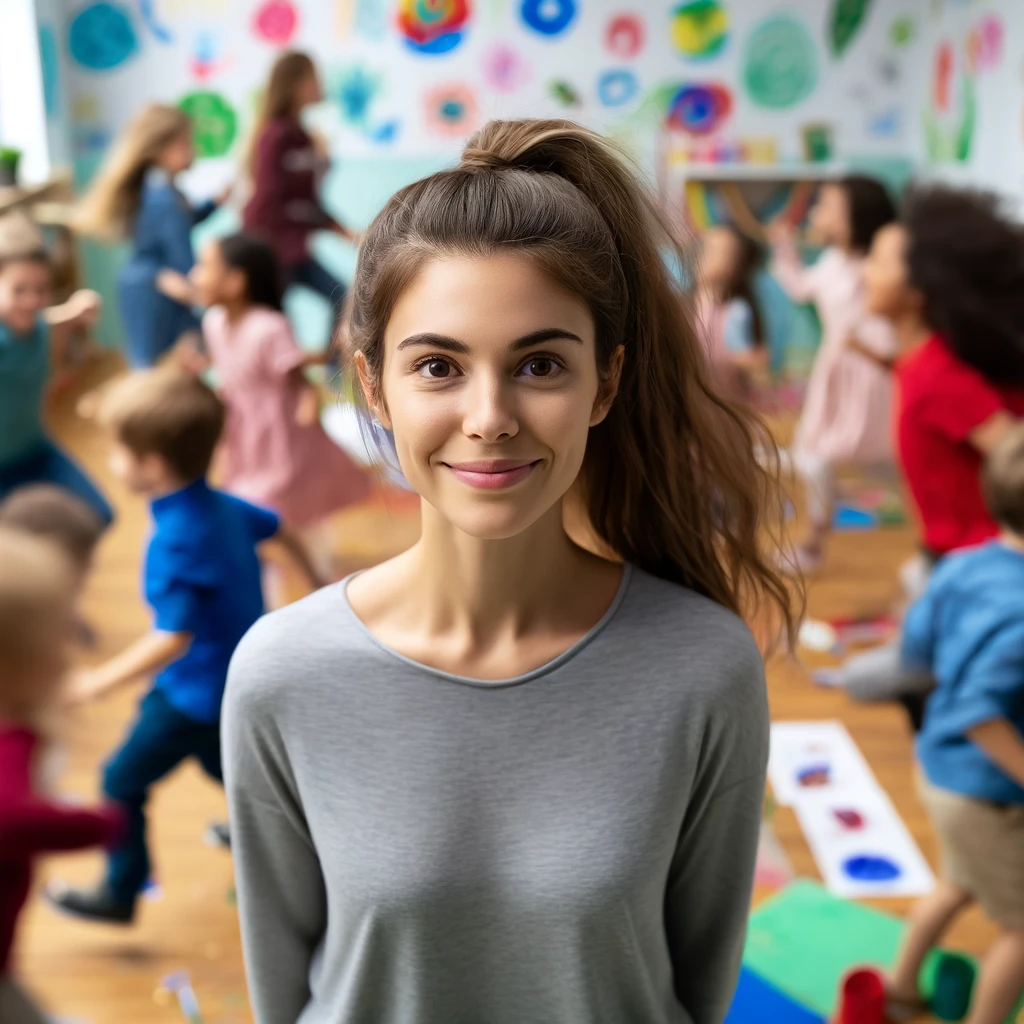 Teacher looking calm with the chaos of the classroom behind her