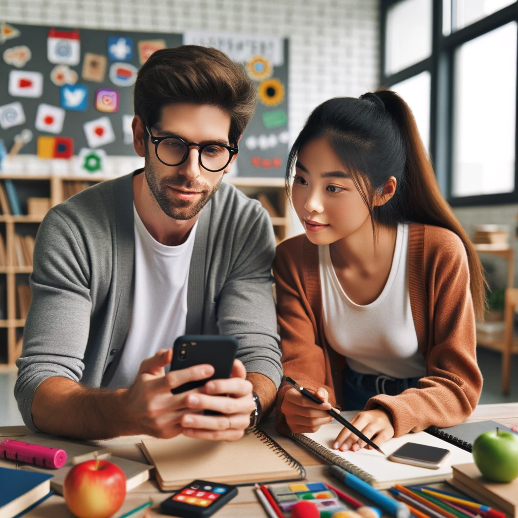 Two teachers looking at a phone for classroom ideas