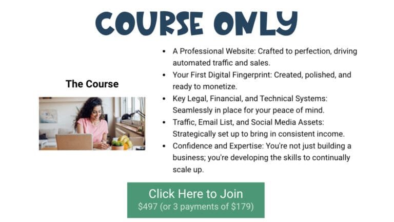 Advertisement for an online course. Includes a picture of a person using a laptop. Lists course details like website creation, digital fingerprint, legal and technical systems, traffic and email strategy, and building confidence. Button says Click Here to Join.