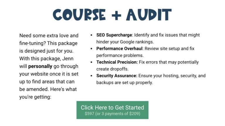 An advertisement for a Course + Audit package listing benefits: SEO Supercharge, Performance Overhaul, Technical Precision, and Security Assurance. Includes a call-to-action button stating Click Here to Get Started with pricing details.