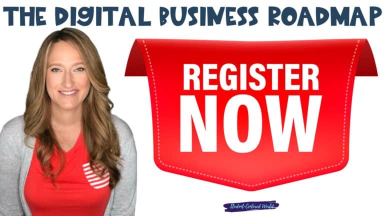 A smiling woman with long hair stands next to a large red and white sign that reads, REGISTER NOW in bold letters. Above, the text says, The Digital Business Roadmap.