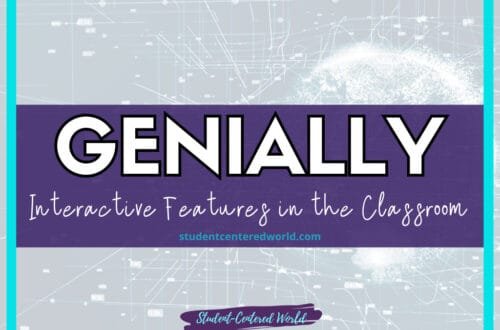 Text image with a purple banner reading GENIALLY: Interactive Features in the Classroom. The website studentcenteredworld.com is displayed underneath. The background showcases abstract digital graphics in light blue, echoing Genially's innovative approach to education technology.