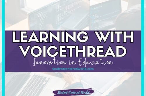 A banner displays the text "Learning with VoiceThread: Innovation in Education" prominently, while studentcenteredworld.com is noted below. In the background, two individuals are engaged with their laptops, highlighting the interactive essence of VoiceThread.