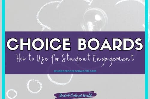 A purple box elegantly showcases the text "Choice Boards: How to Use for Student Engagement," with a website link below. The background is adorned with a subtle illustration of a light bulb and thought bubbles, all bordered in soothing turquoise hues.