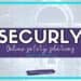 Text graphic with a digital circuit background featuring a padlock design. The words SECUR.LY in bold white letters are above online safety solutions in a cursive font, echoing the mission of Securly. A web address and a decorative banner read Student-Centered World.