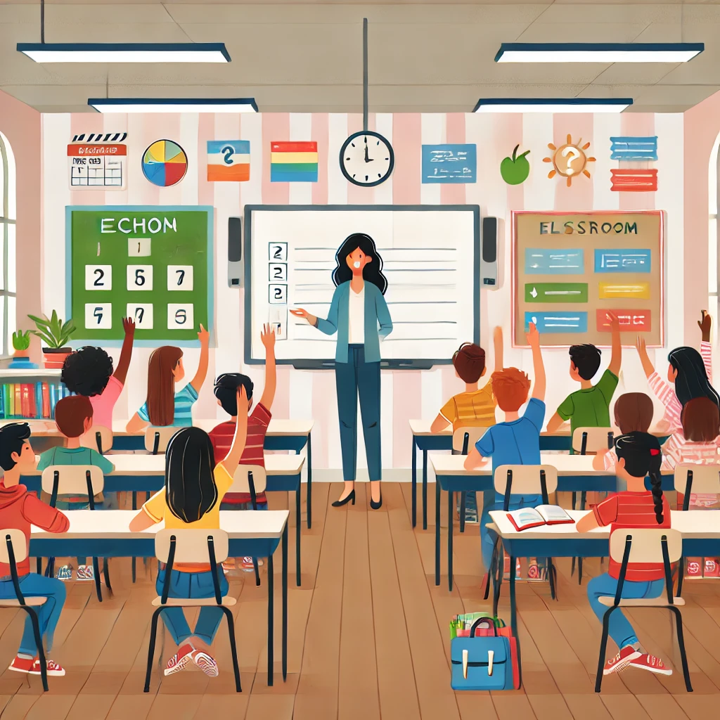 Cartoon classroom with teacher smiling and children respectfully raising their hands; classroom expectations