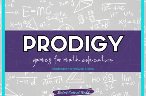 An image features a backdrop of mathematical equations and diagrams. At the center, a purple banner proudly displays “PRODIGY games for math education.” Beneath, studentcenteredworld.com is elegantly noted in smaller text.