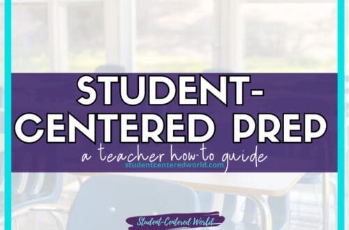 Image of a graphic with the text Student-Centered Prep: a teacher how-to guide in bold white letters on a purple background. Desks and chairs are faintly visible in the blurred background, emphasizing the focus on creating student-centered learning environments.