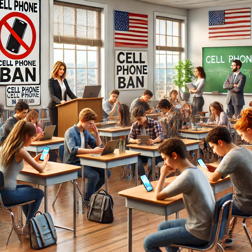 Classroom with cell phone ban signs, but almost all students have a cell phone out