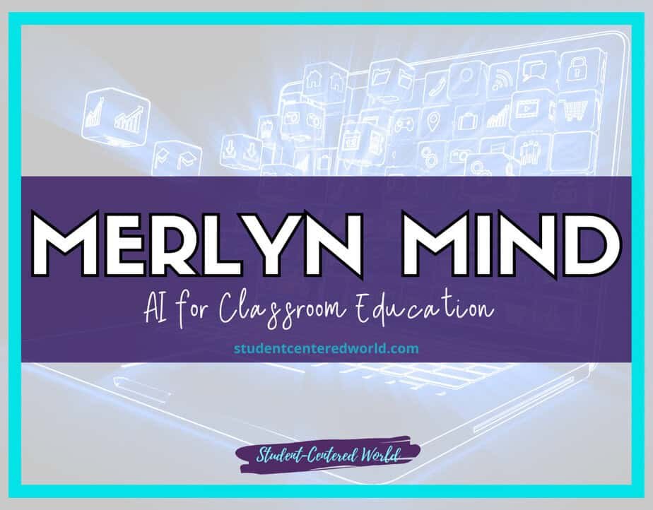 Illustration featuring glowing digital icons with a prominent purple and white text overlay reading "Merlyn Mind: AI for Classroom Education." The tech-focused educational theme is completed with the Merlyn Mind website URL at the bottom.