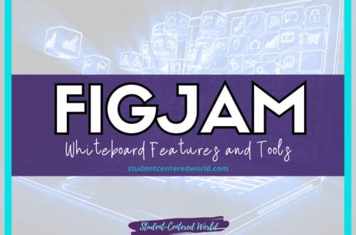 Promotional image for FIGJAM showcasing a digital whiteboard brimming with icons. The text proudly declares: FIGJAM: Whiteboard Features and Tools, with studentcenteredworld.com beneath. A laptop glows in the background, highlighting the vibrant world of figjam’s dynamic tools.